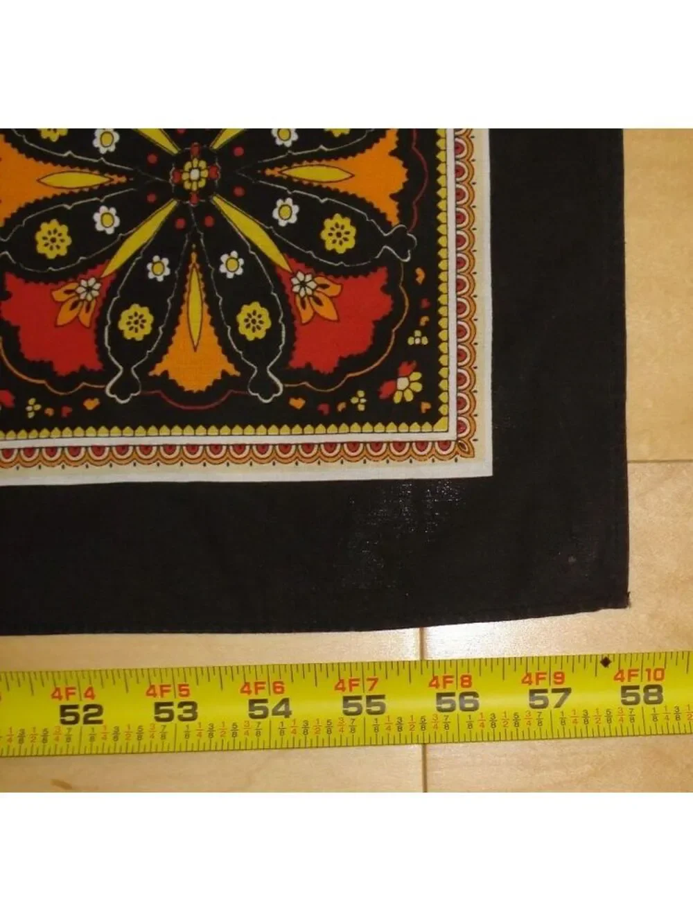 French Orange, Blk, Red & Yellow Floral & Leaf Cotton Tablecloth 95.5